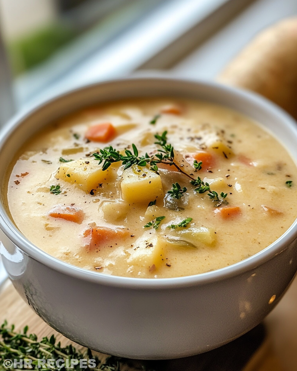 Finished creamy crock pot potato soup served in bowl