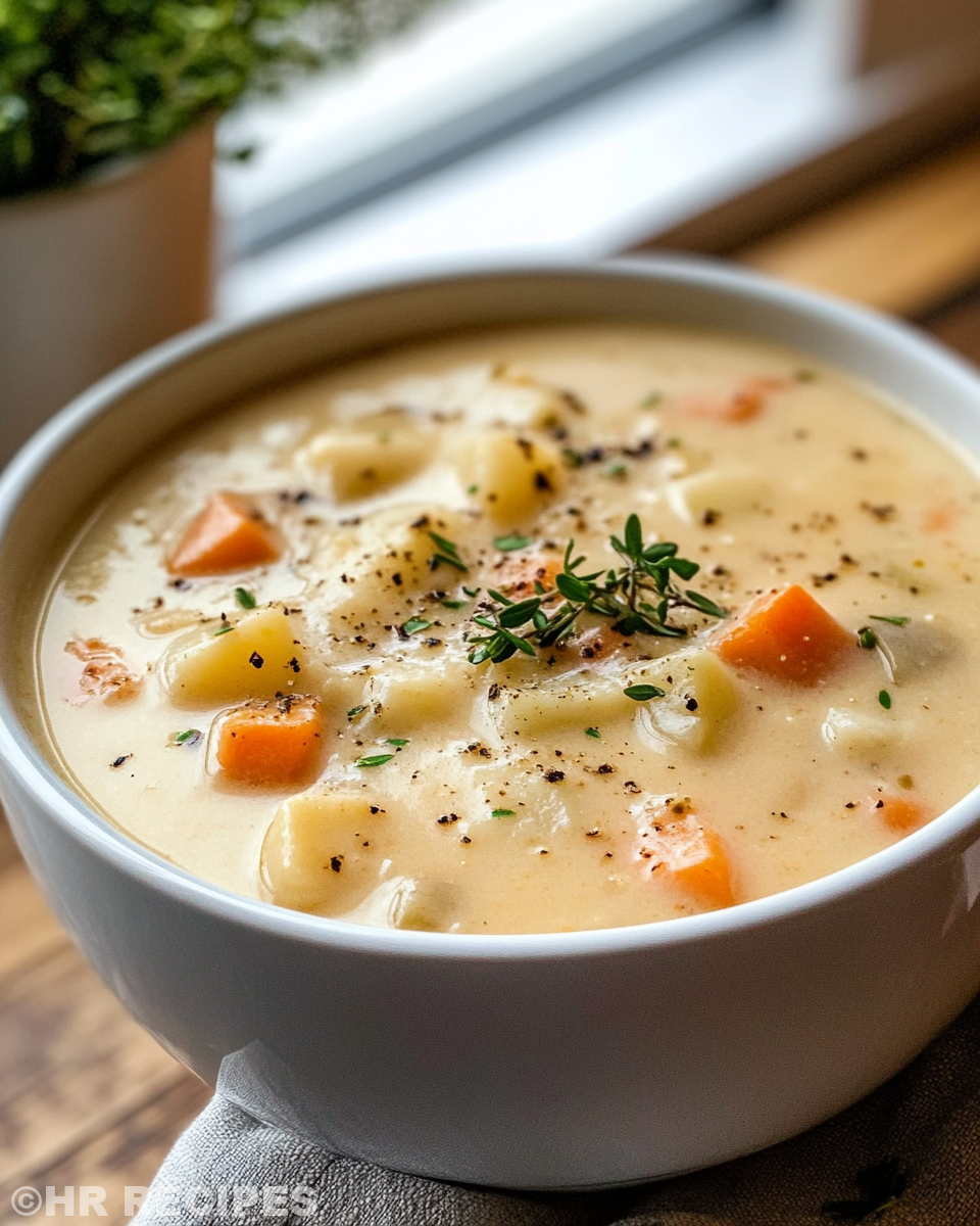 Steamy slow cooker potato soup simmering in crock pot