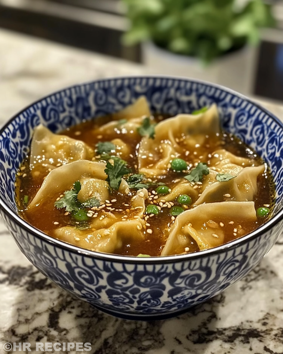 Served potsticker soup in bowl garnished with green onions and fresh spinach