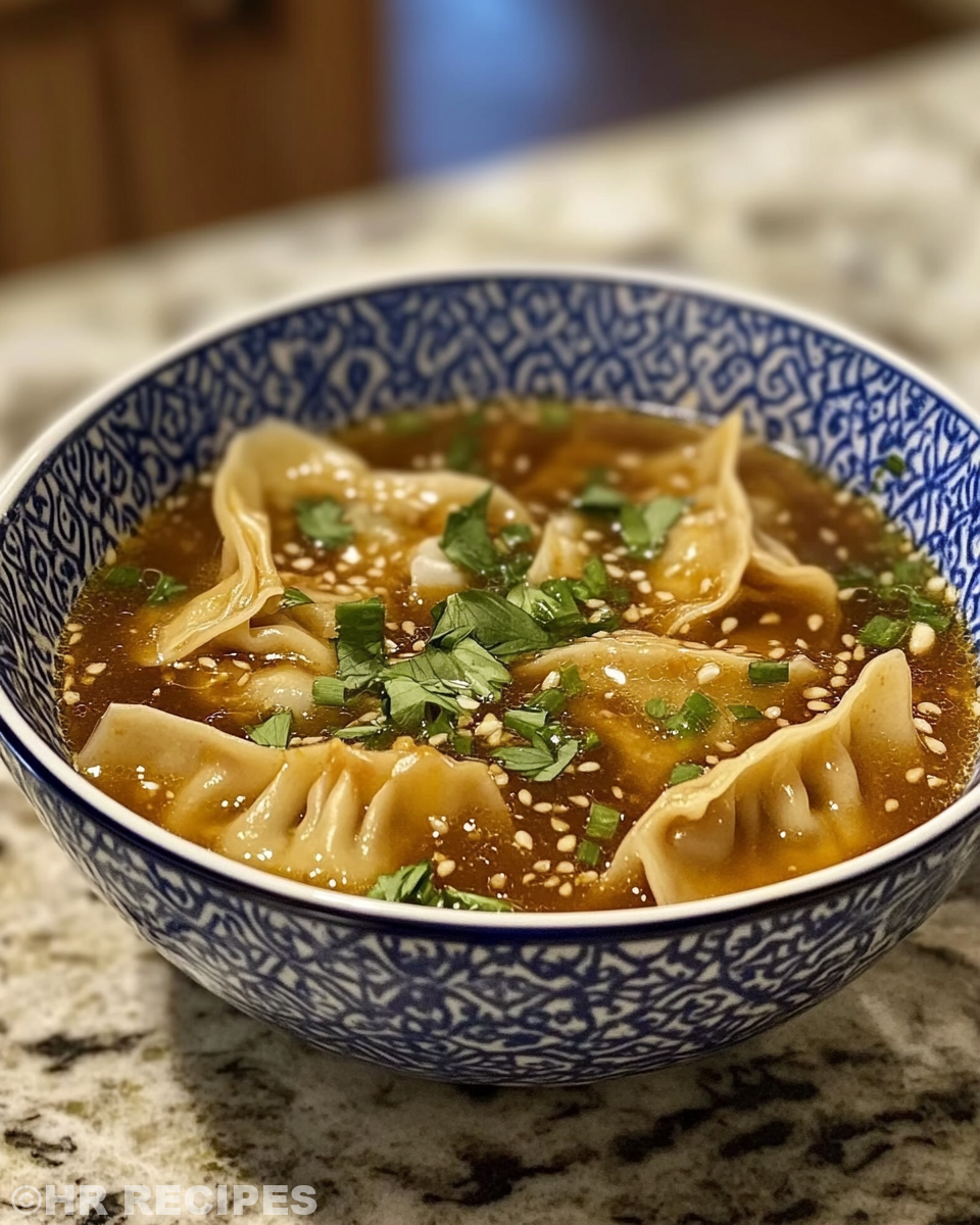 Bowl of hot potsticker soup steaming deliciously in a bowl