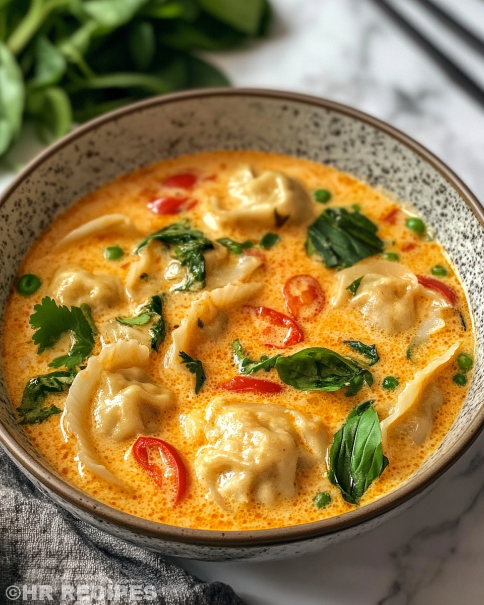 Served Thai coconut curry dumpling soup with lime and chopped chives
