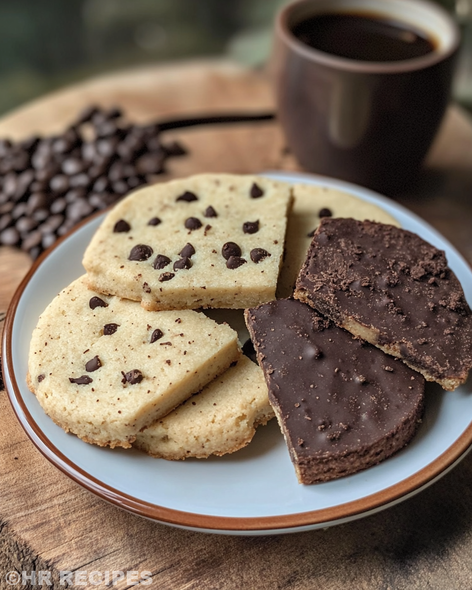 Close-up of espresso chocolate shortbread cookie with melted chips