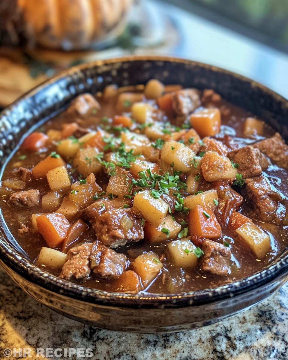 Served Apple Cider Beef Stew garnished with fresh thyme