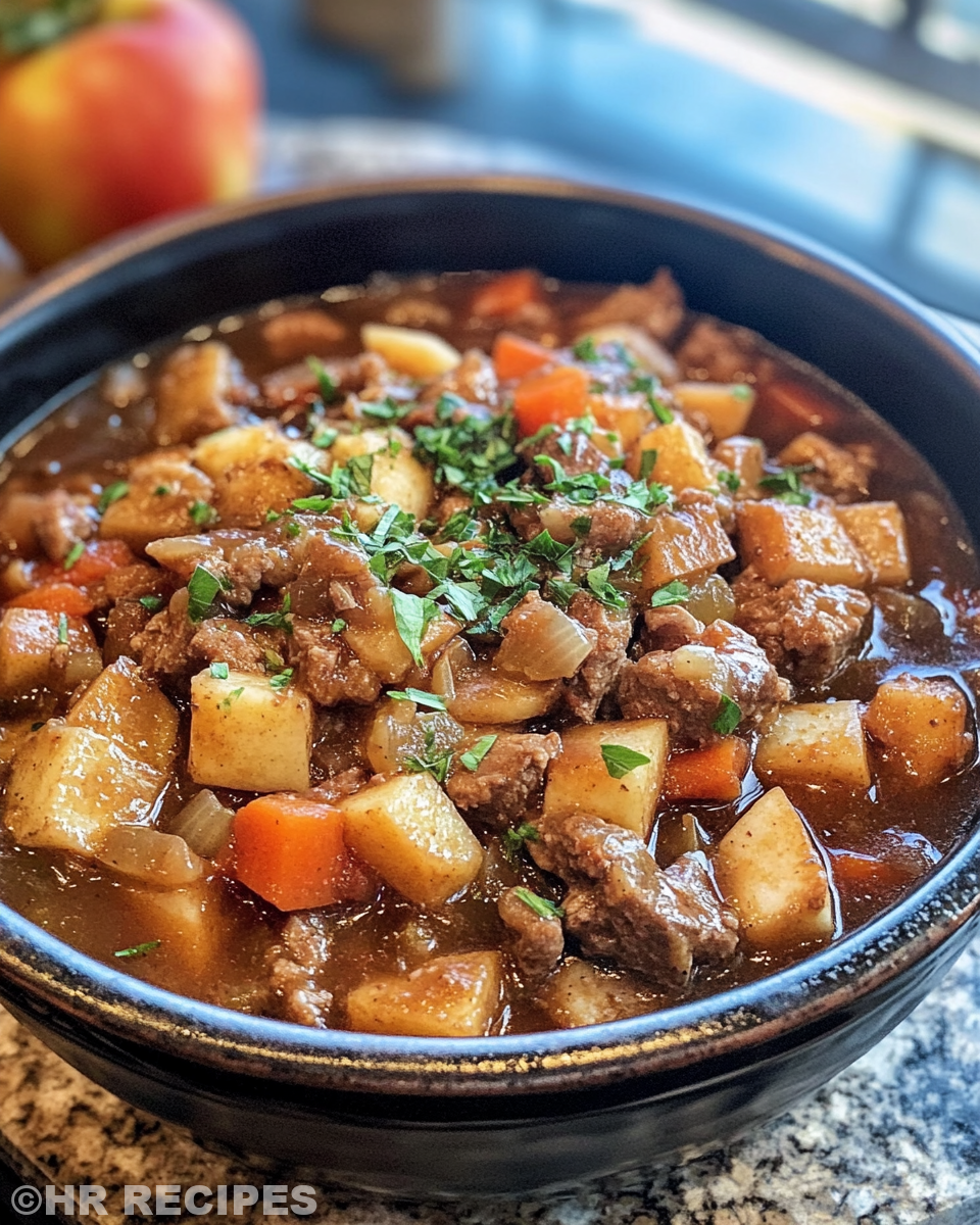 Steam rising from the pot of Apple Cider Beef Stew