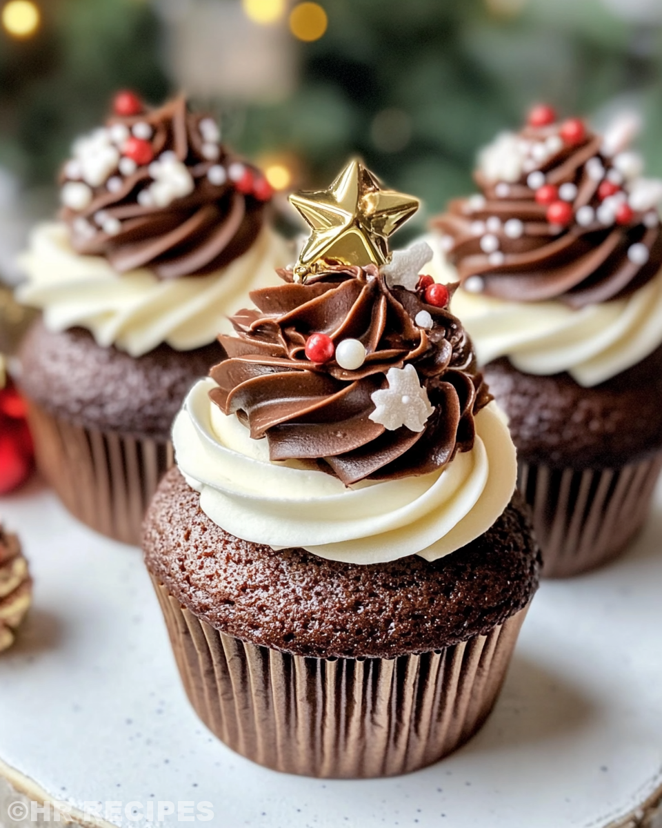 Frosted Christmas cupcakes decorated with star sprinkles and colorful nonpareils