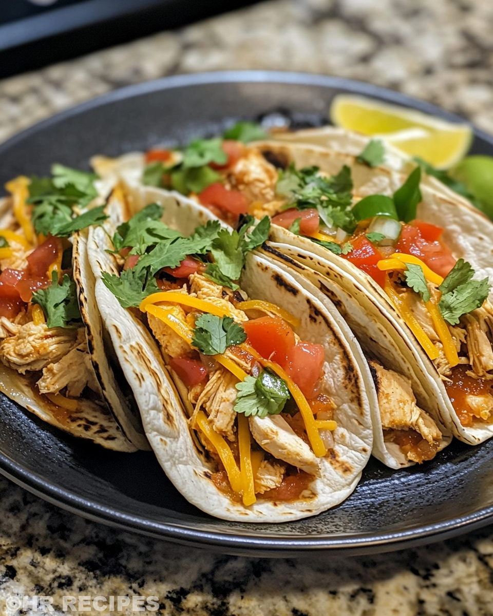 Final served fiesta chicken tacos on tortillas with toppings