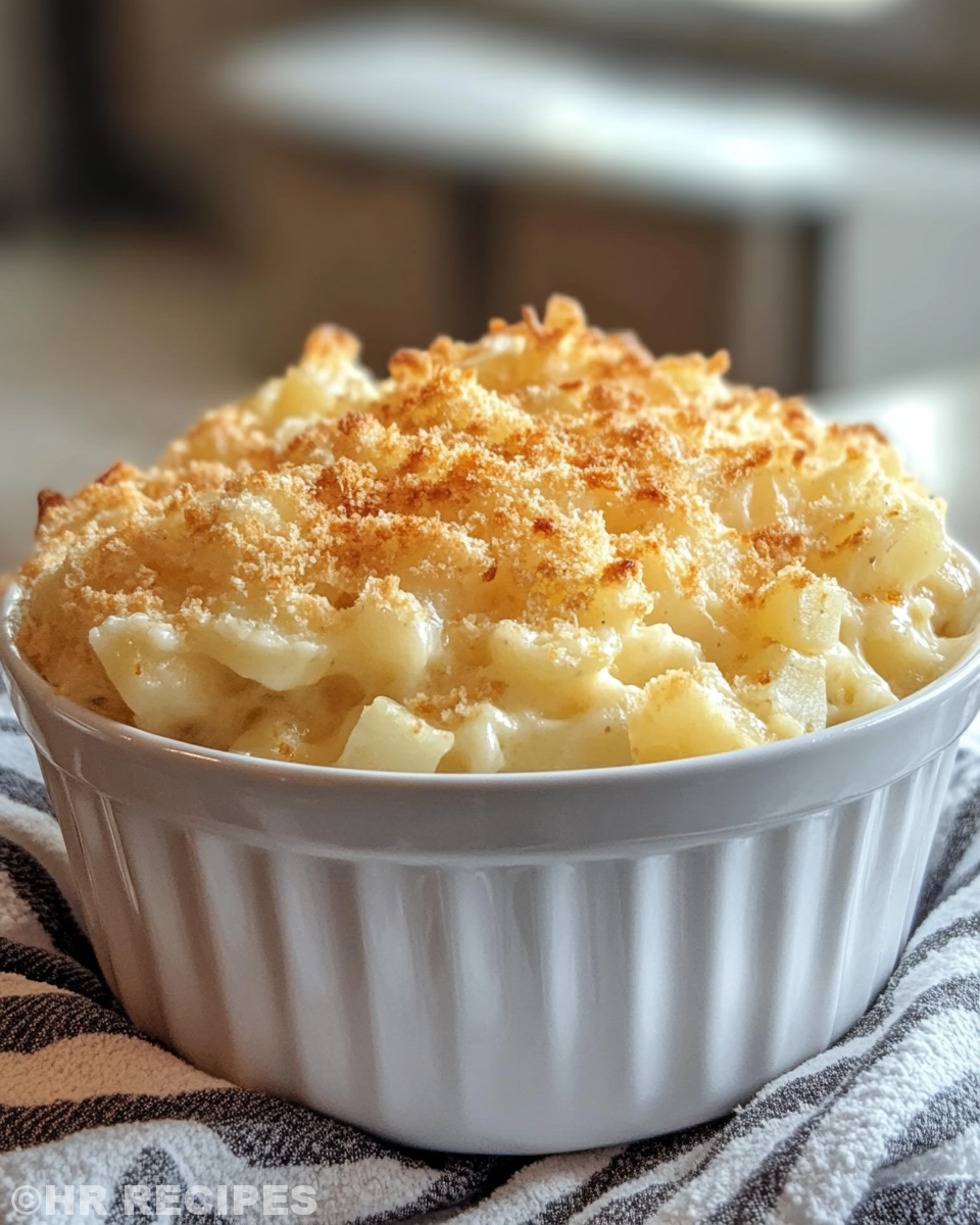 Pressure cooker with steaming funeral potatoes inside showing sealing ring and valve hiss