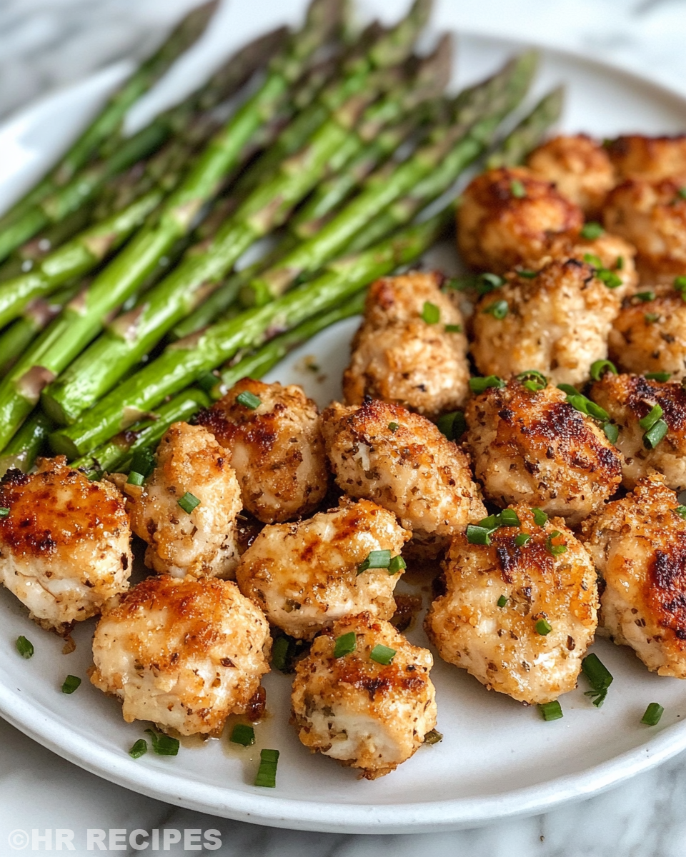 Ingredients of garlic butter chicken bites with asparagus prepared