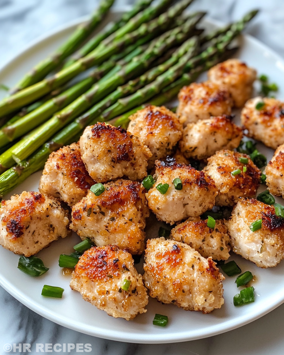 Served garlic butter chicken bites with asparagus on plate