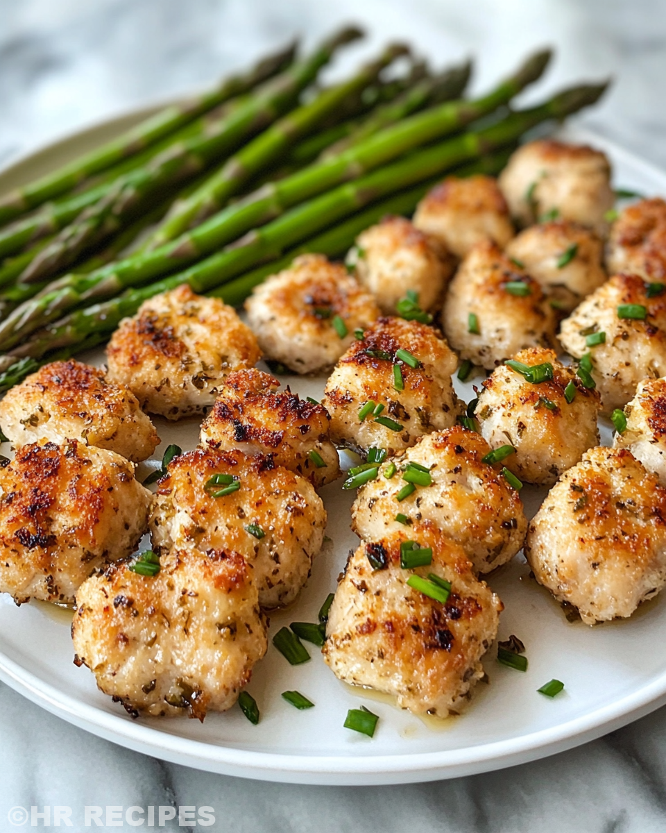 Garlic butter chicken bites and asparagus cooking in pan