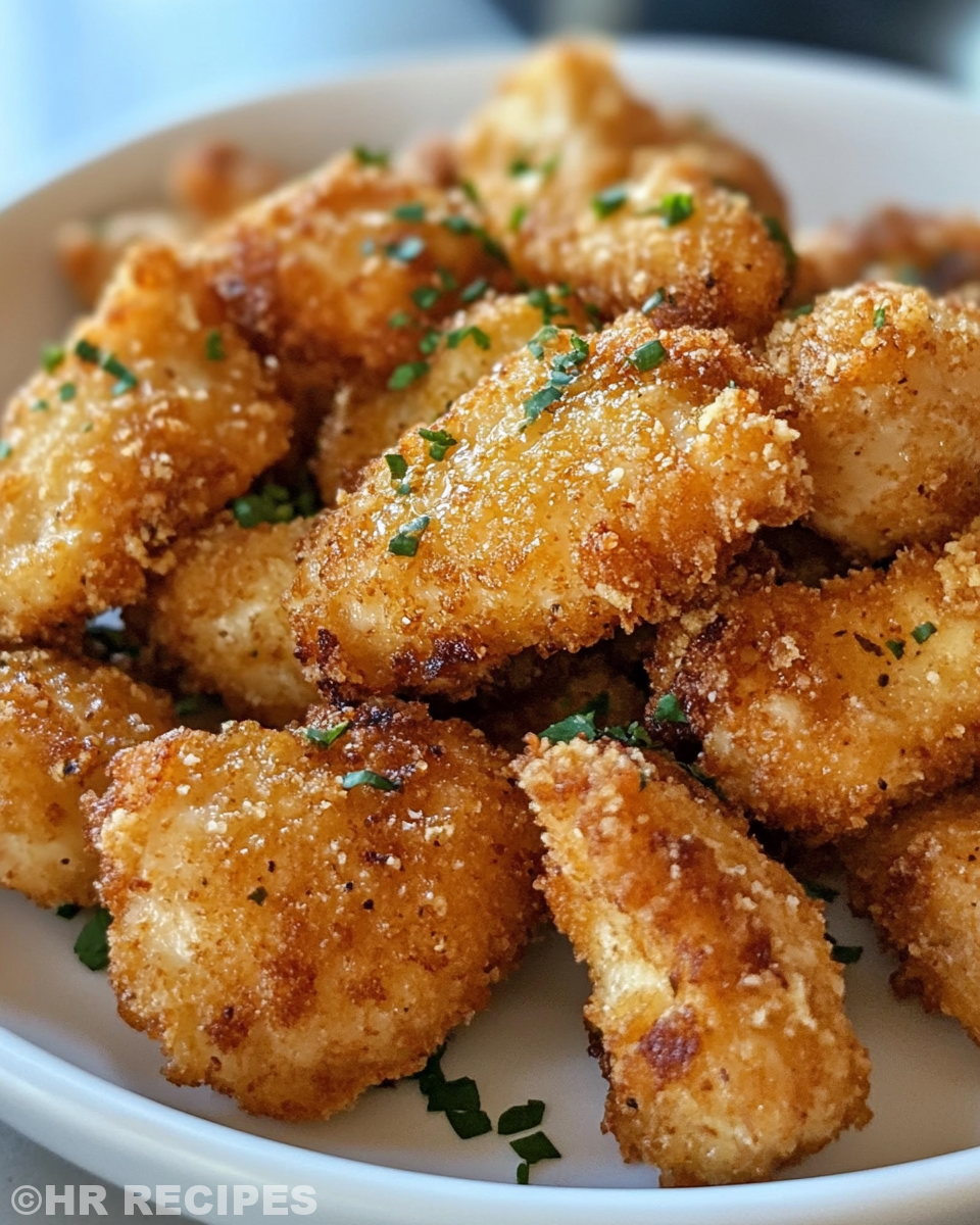 Serving of garlic butter chicken bites with golden crust and garnish