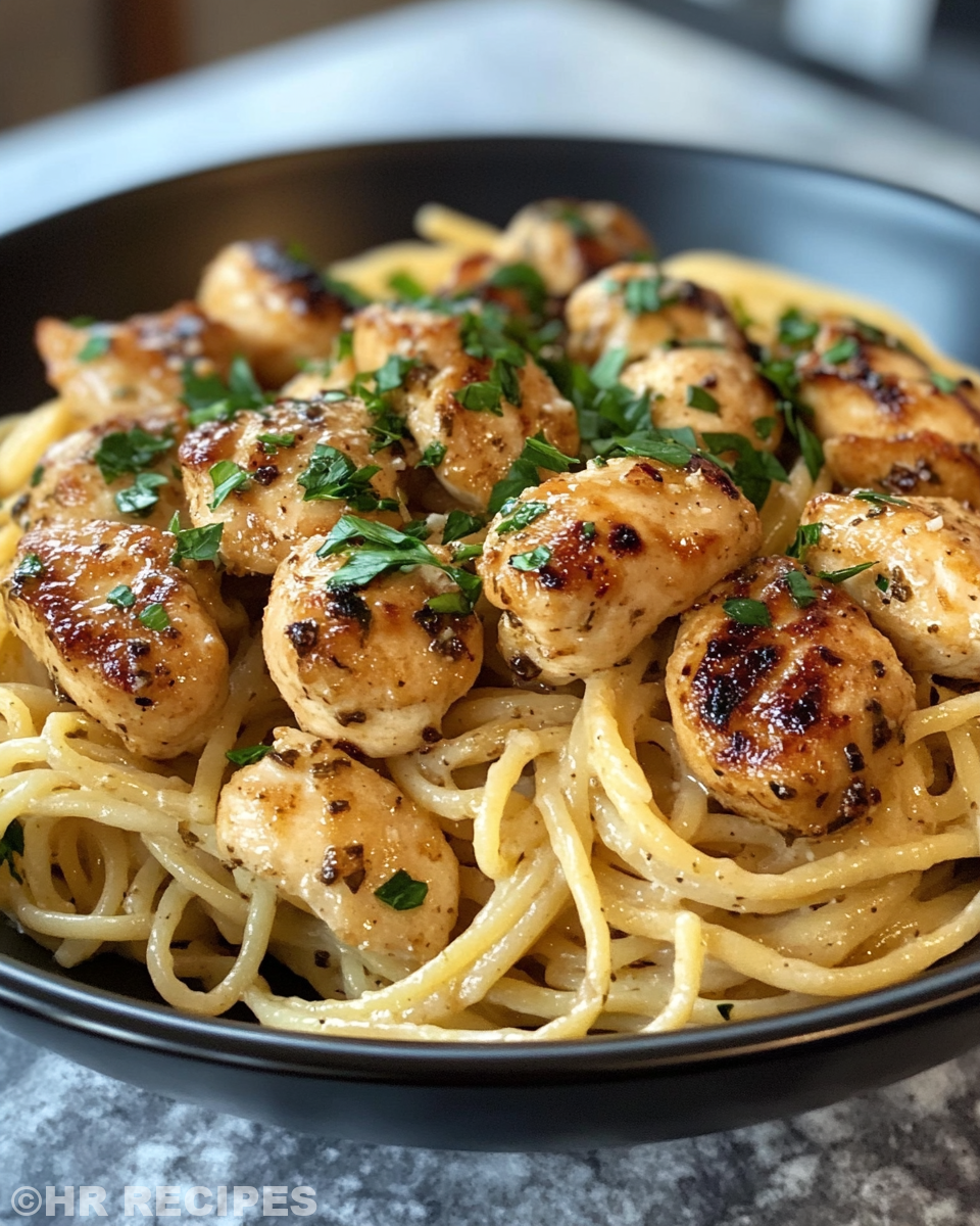 Final plated garlic butter chicken bites with creamy parmesan pasta