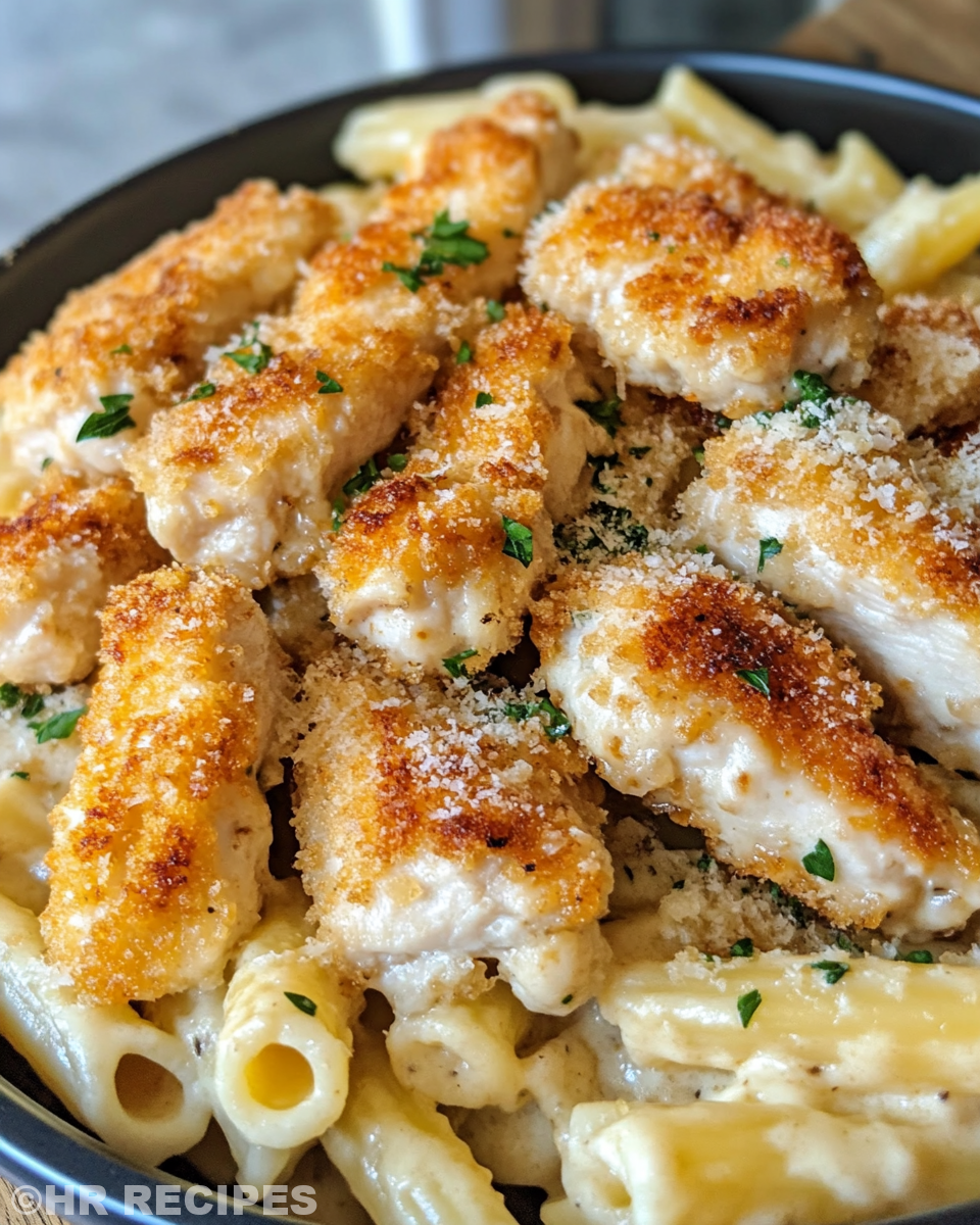 Served garlic butter chicken bites with creamy Parmesan pasta on plate