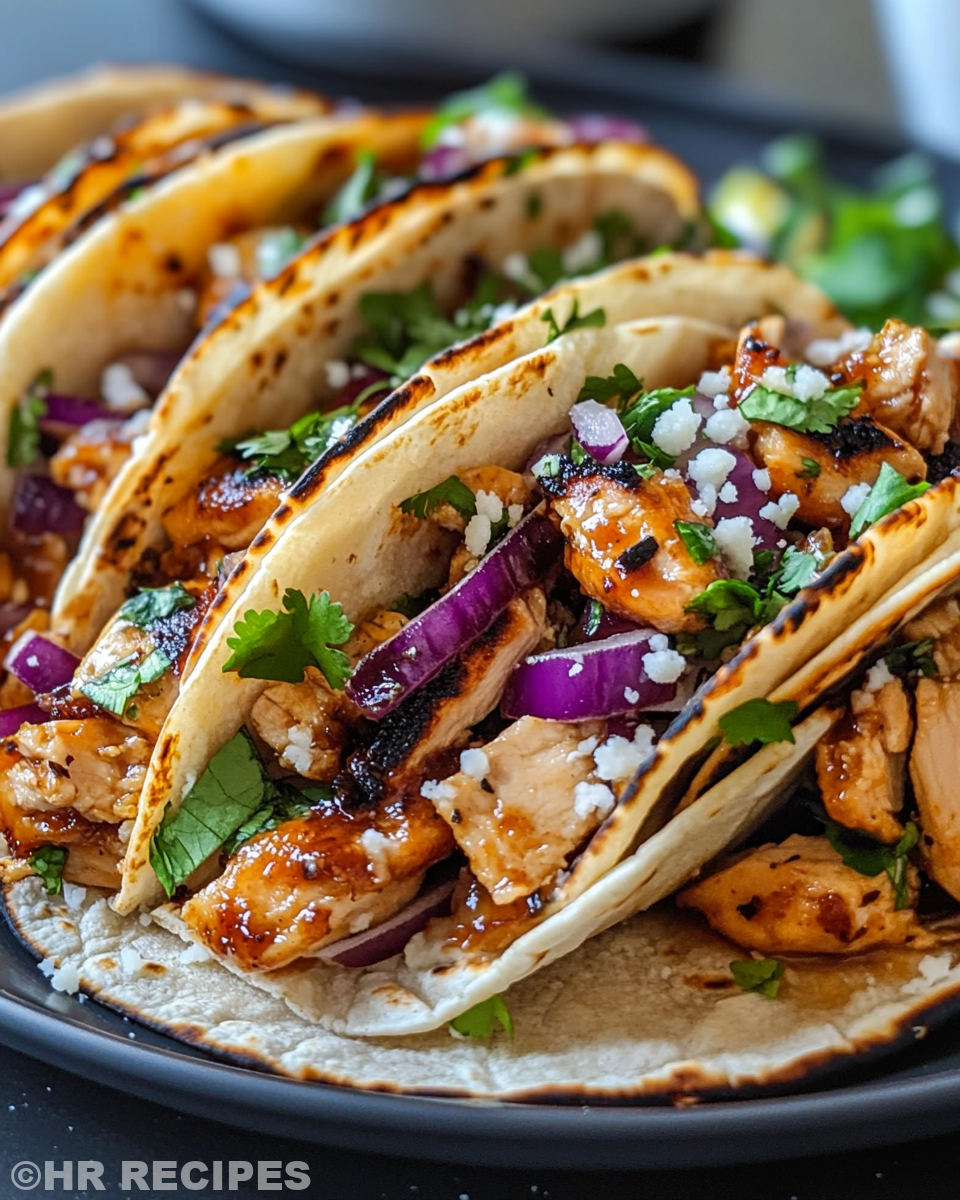 Assembled garlic butter honey BBQ chicken tacos with fresh toppings
