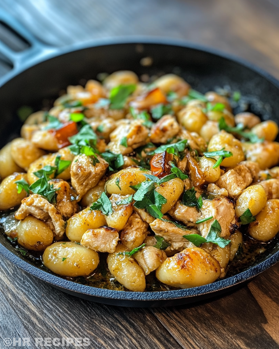 Creamy Garlic Chicken Gnocchi Skillet served with fresh basil garnish