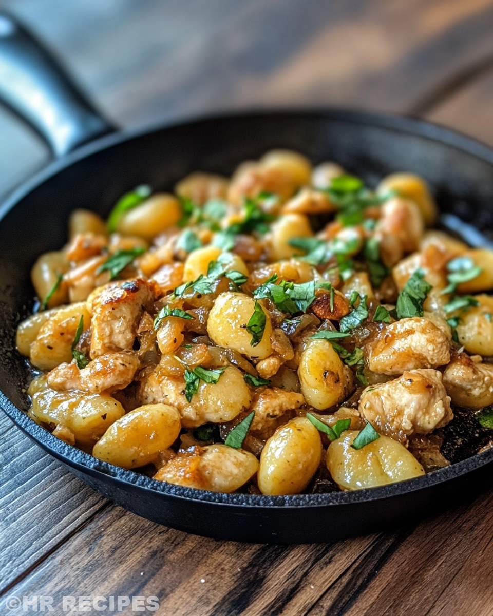 Garlic Chicken Gnocchi Skillet in creamy sauce with chicken and basil
