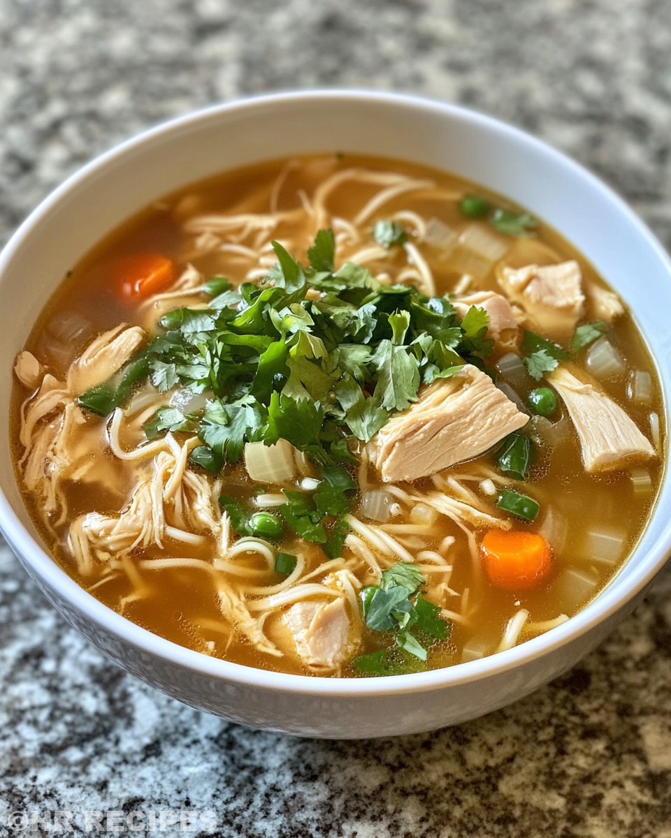 Serving bowl of ginger garlic chicken noodle soup garnished with green onions and sesame seeds