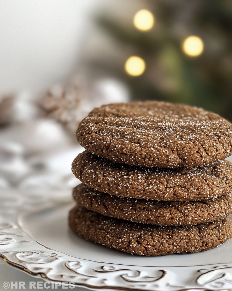 Closeup of finished gingerbread crinkle cookies stacked