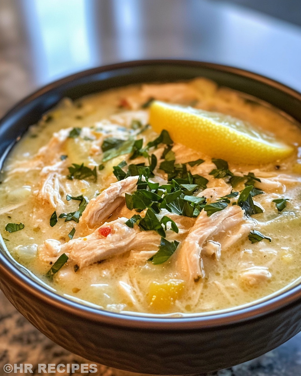 Bowl of finished Greek lemon chicken soup garnished with fresh dill