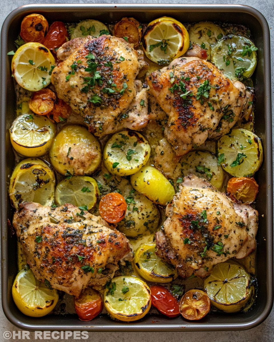 Sliced vegetables for Greek sheet-pan chicken ready for roasting