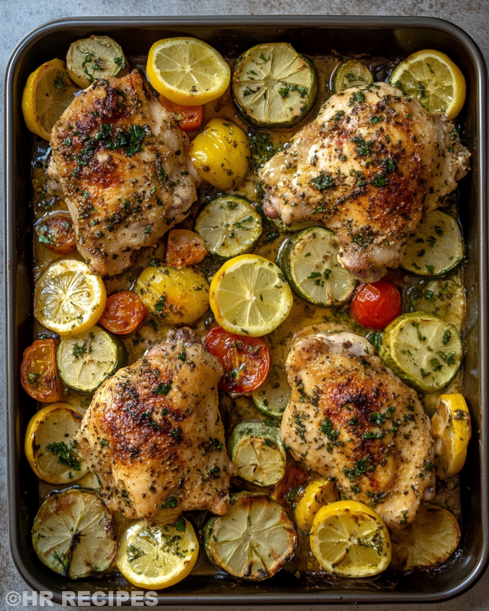Served Greek sheet-pan chicken with roasted vegetables on plate