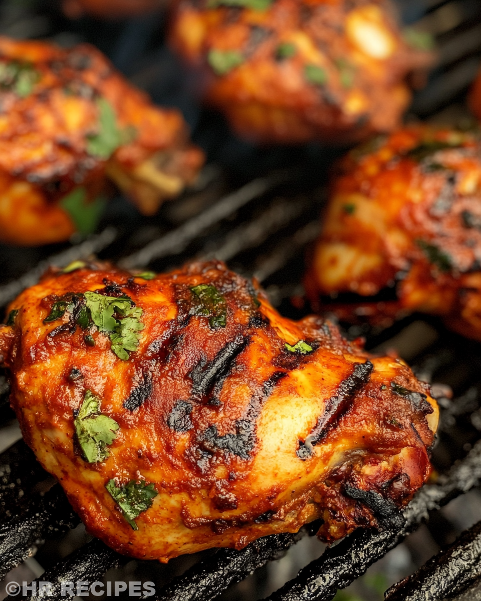 Grilled tandoori chicken served on a platter garnished with cilantro