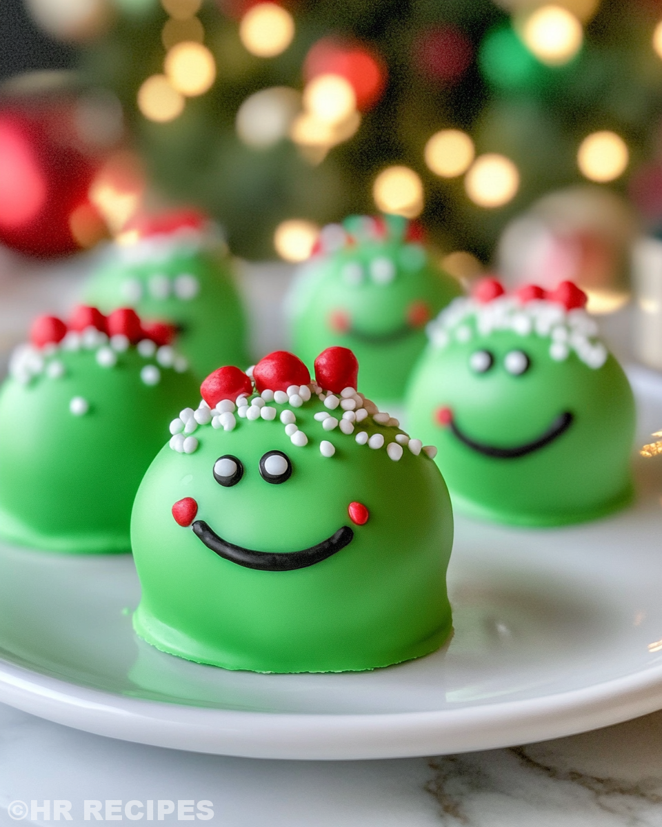 Finished Grinch Oreo Truffles decorated with sprinkles on a serving tray