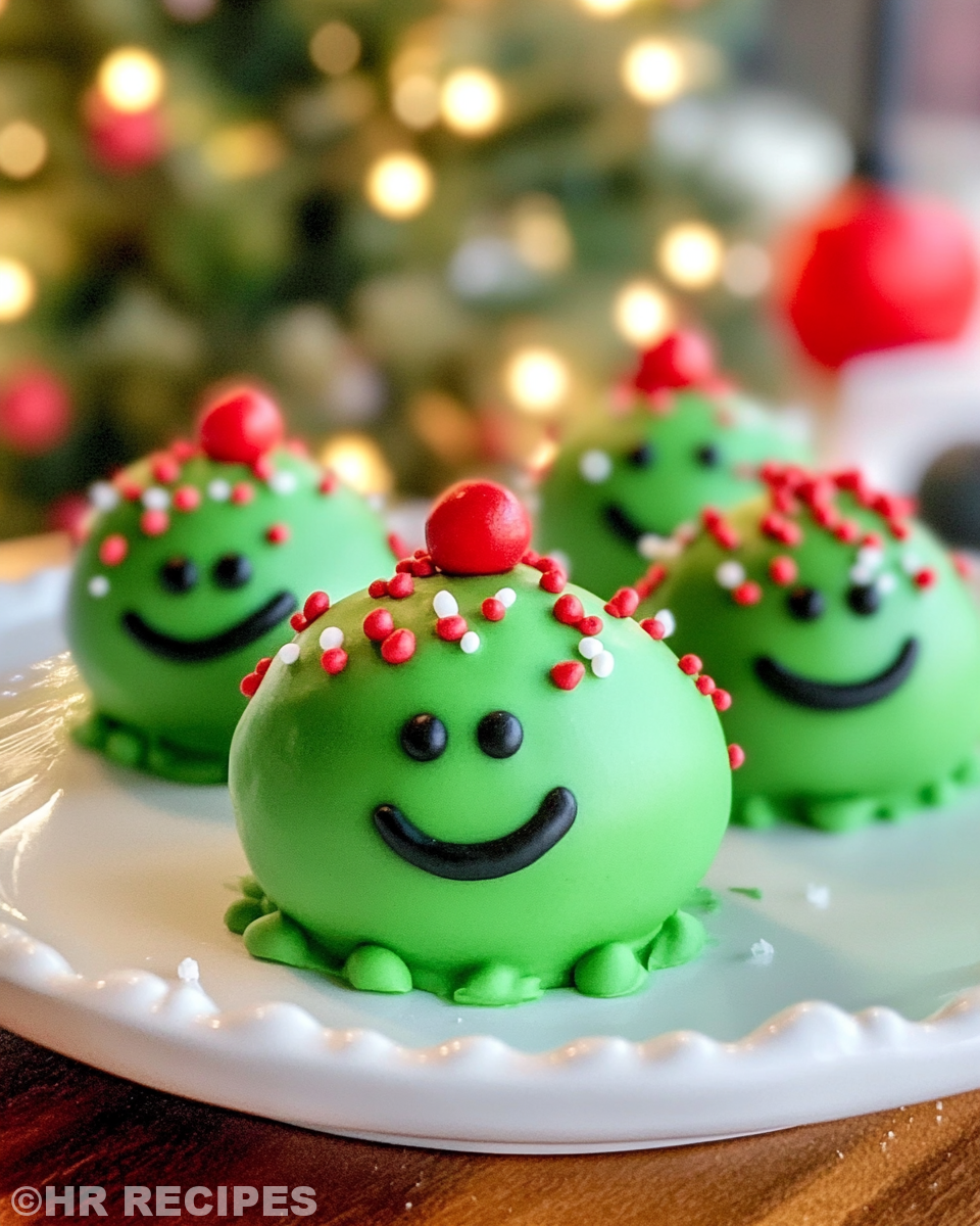 Close-up of Grinch Oreo Truffles with green coating fresh out of freezer