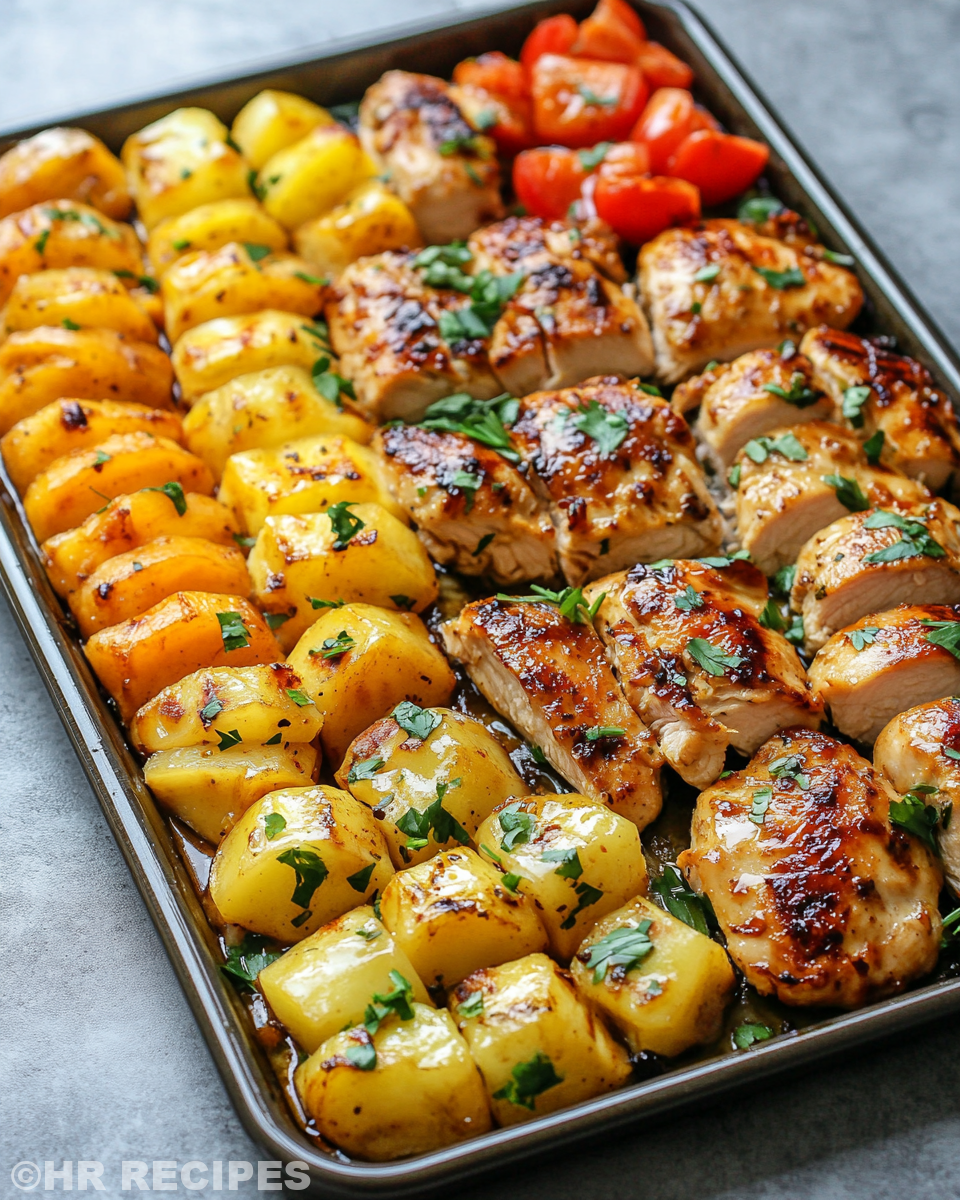 Caramelized golden edges of Sheet Pan Hawaiian Pineapple Chicken ready to serve