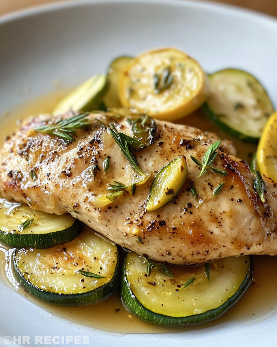 Juicy cooked chicken breast with tender zucchini and squash served on plate