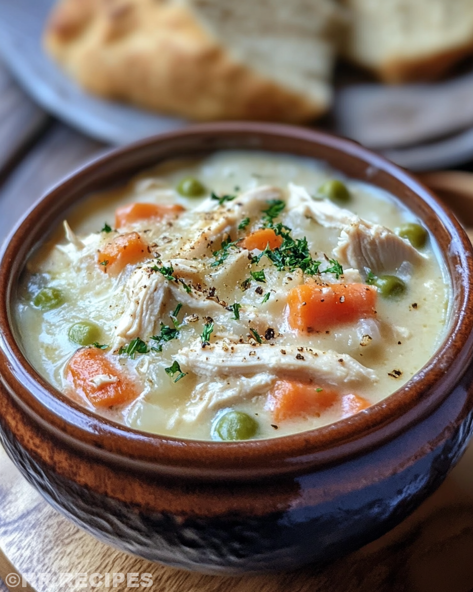 Finished chicken pot pie soup served in a bowl garnished with herbs