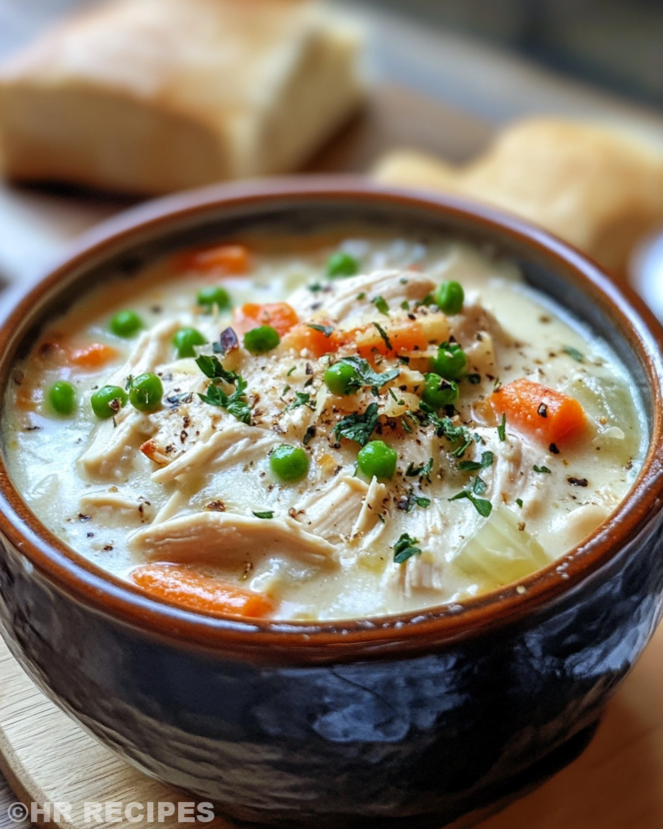 Cozy bowl of healthy chicken pot pie soup steaming