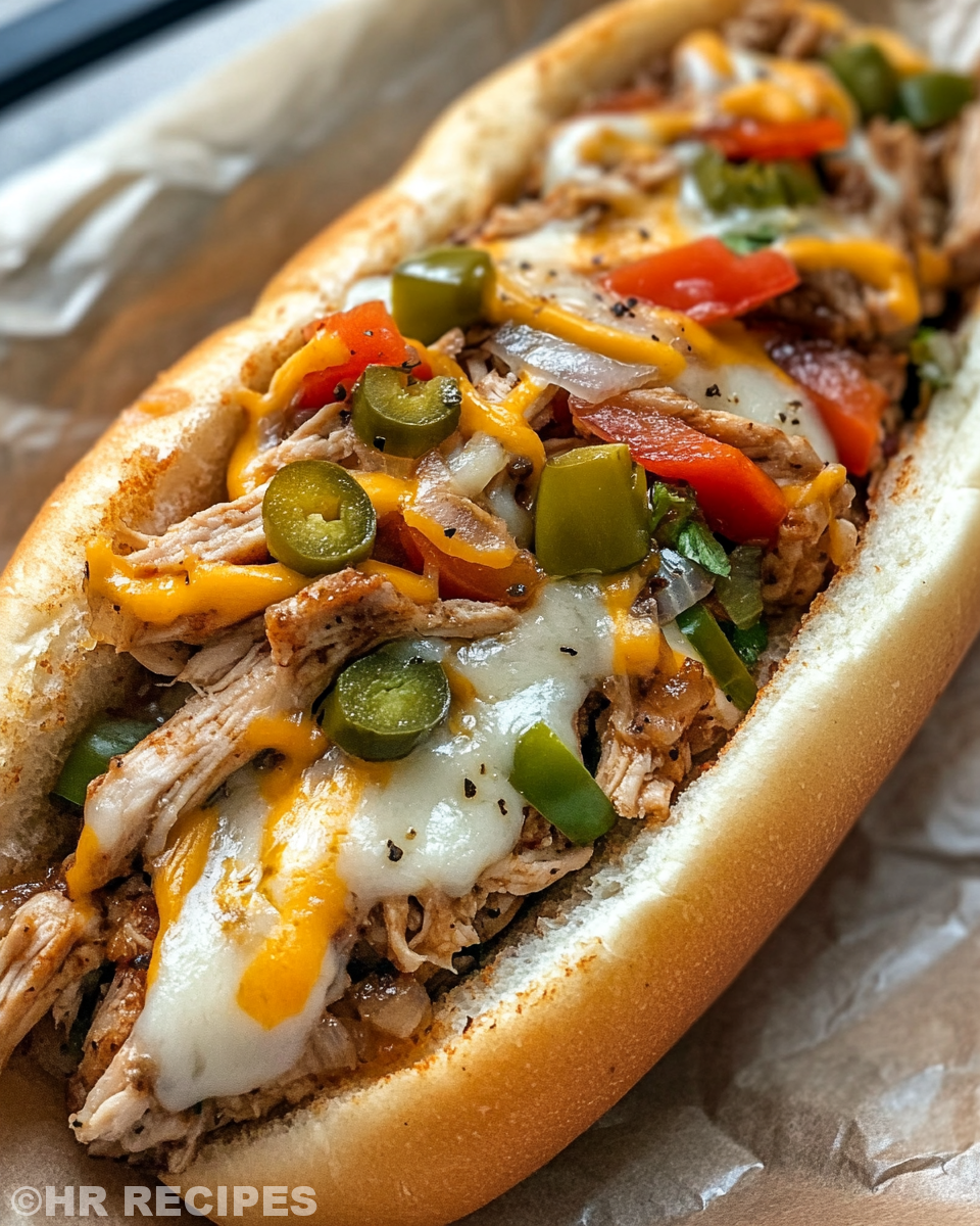 Melted cheese on slow cooker chicken and peppers mixture