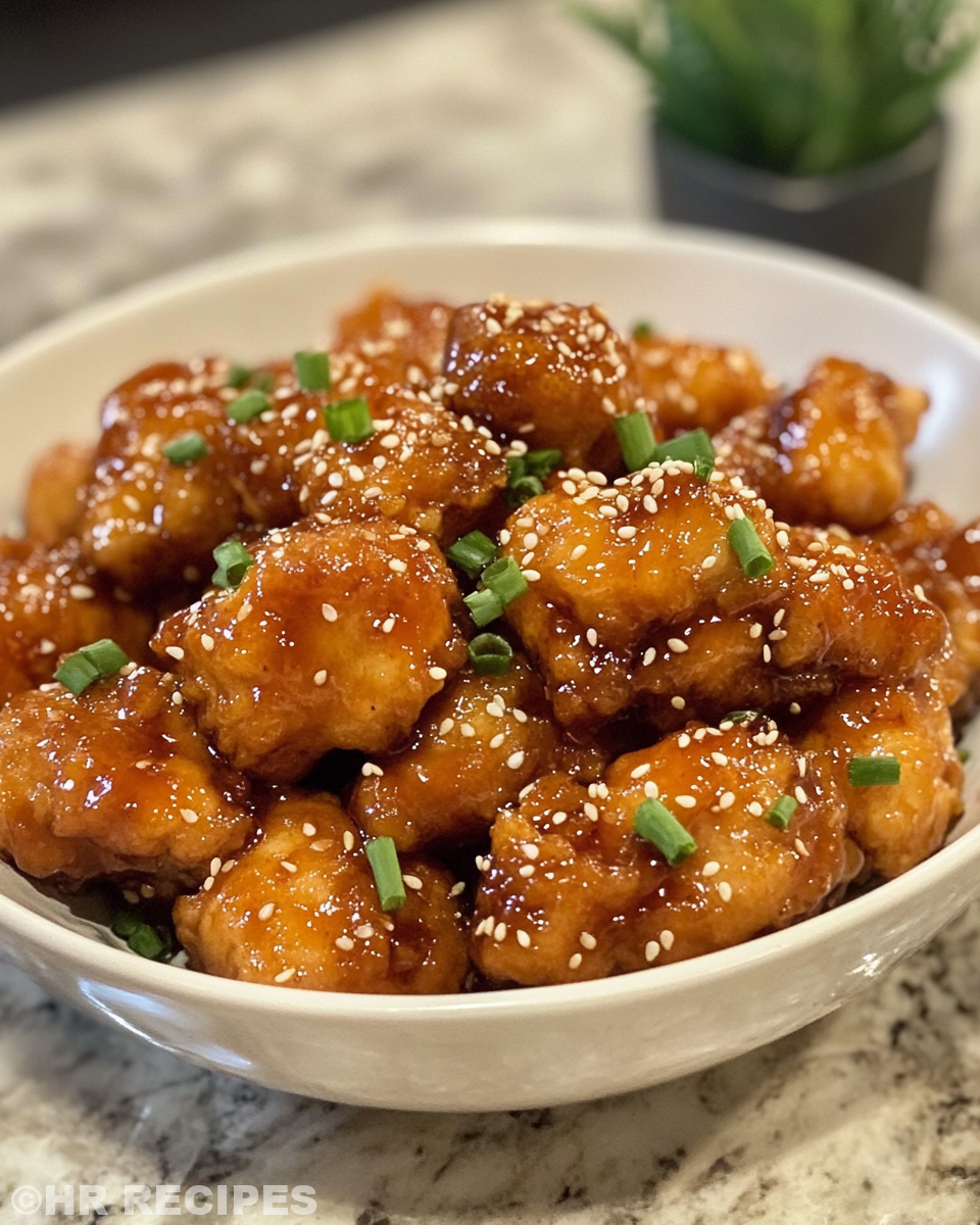 Sticky sesame chicken sauce cooking in skillet