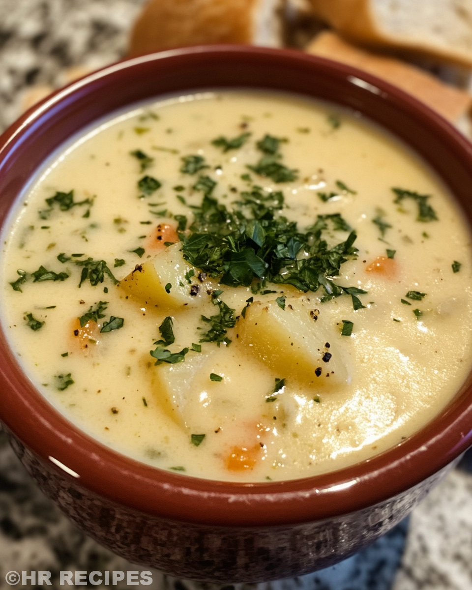 Ingredients for cheddar garlic herb potato soup in bowls