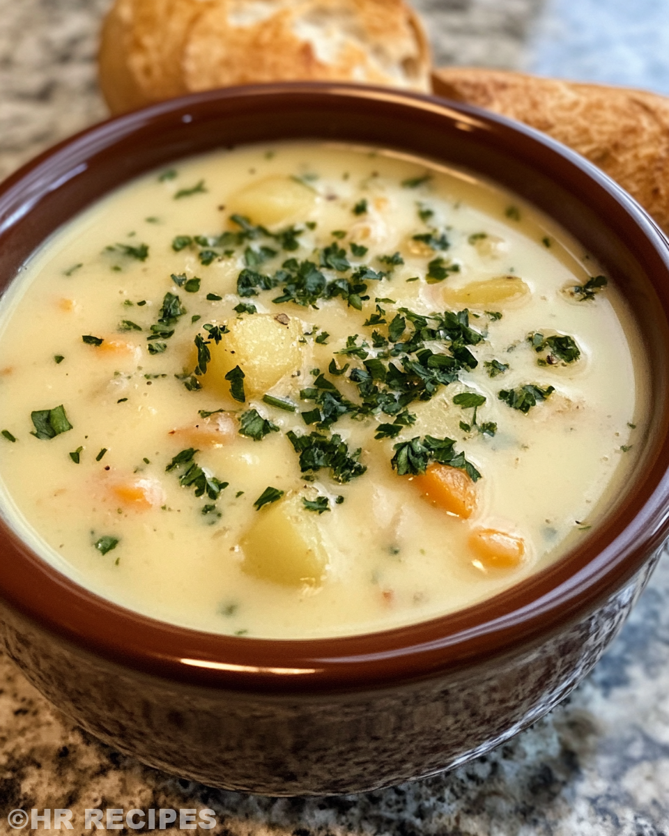 Creamy cheddar garlic herb potato soup served piping hot