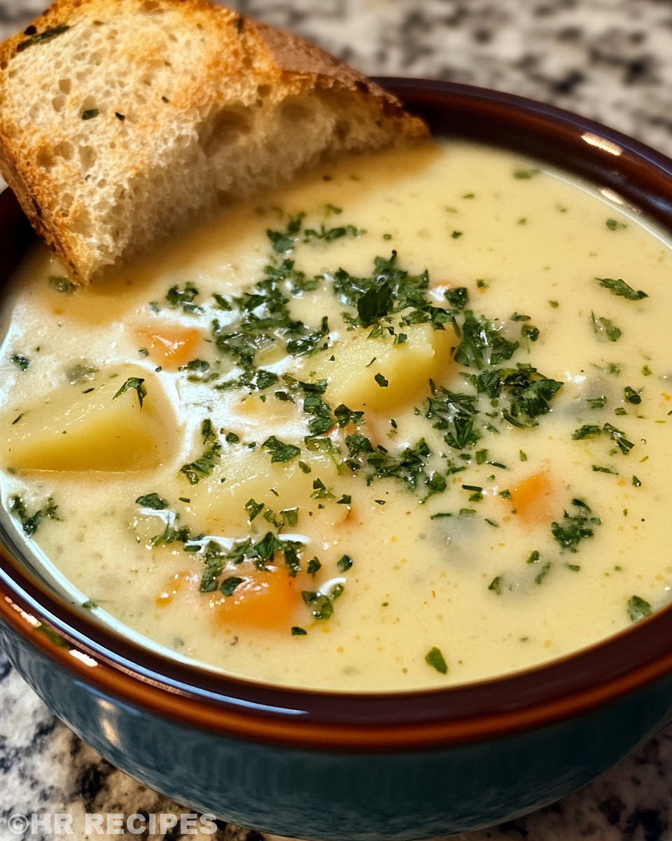 Close up of creamy cheddar garlic herb potato soup in a bowl