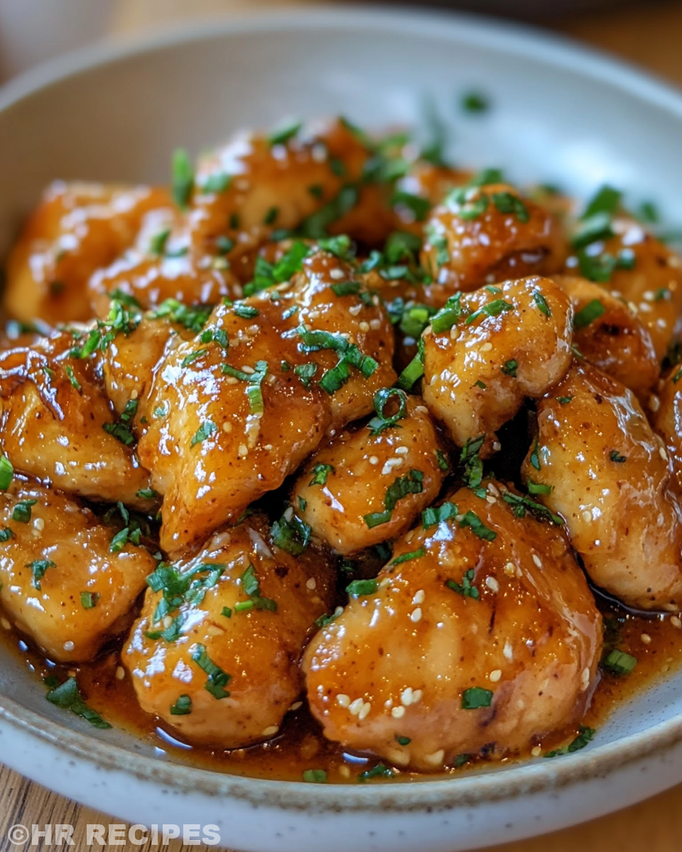 Served honey butter chicken with tender glossy sauce on plate