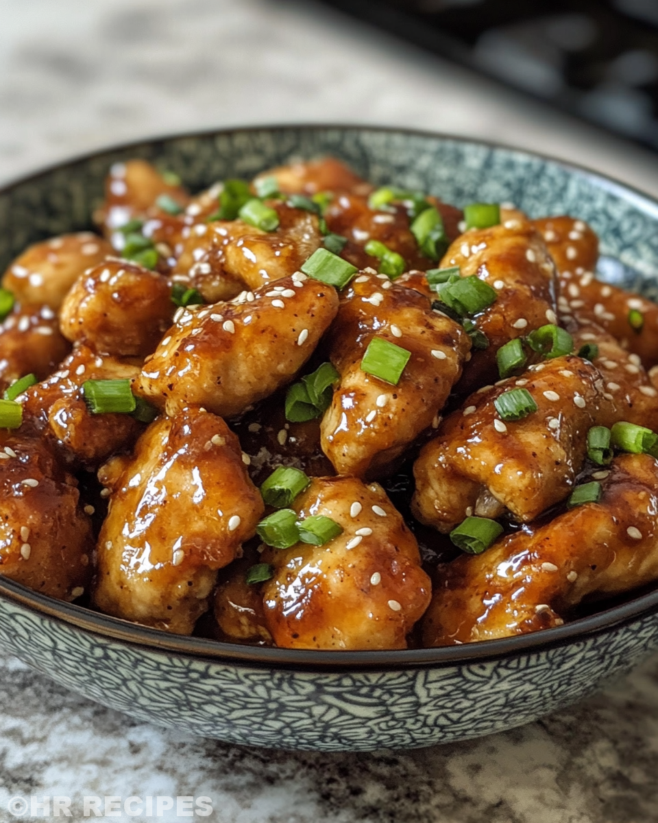 Finished plated honey garlic chicken garnished with green onions and chopped peanuts