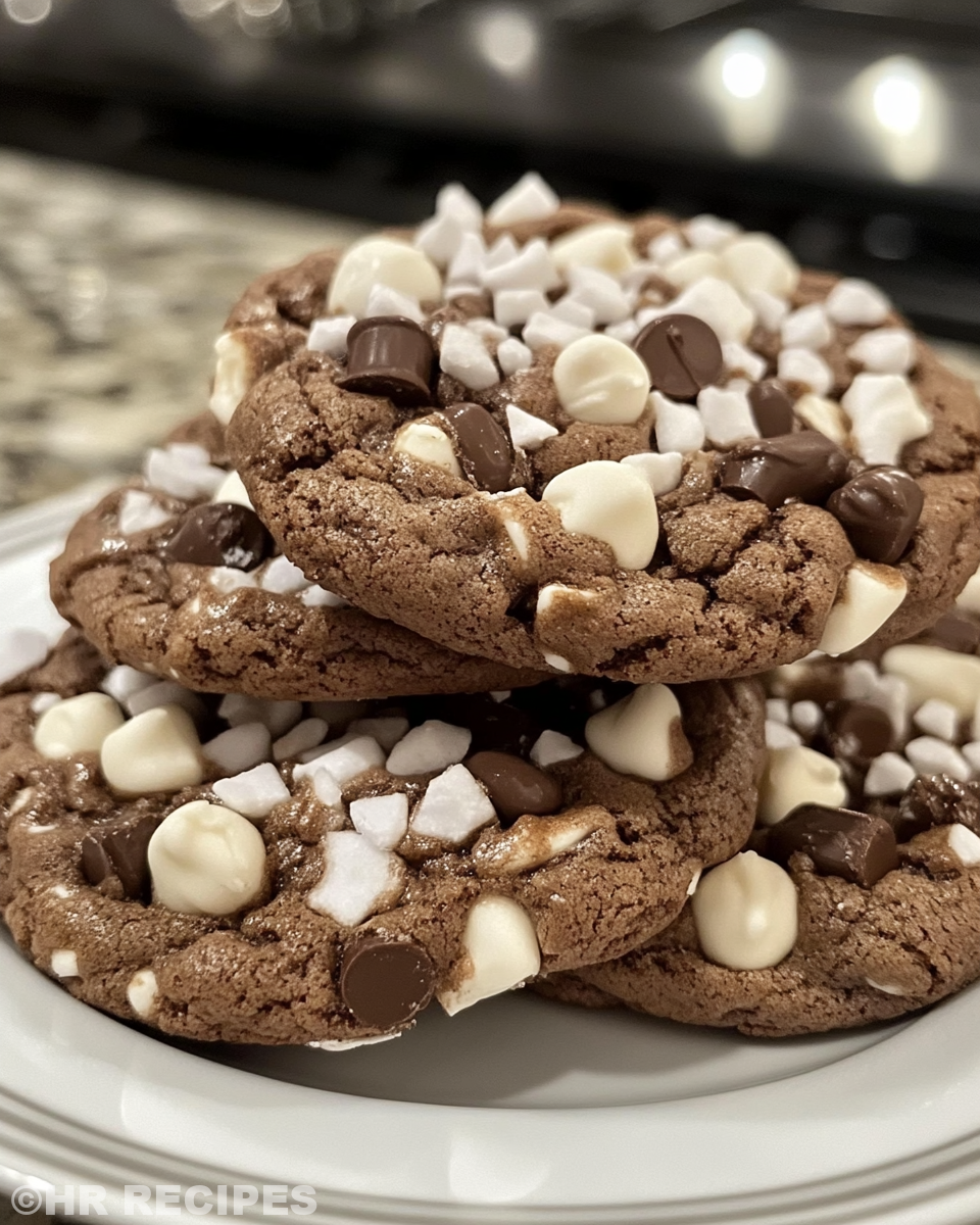 Close up of fresh hot chocolate cookies showing melted chocolate chips and marshmallow bits