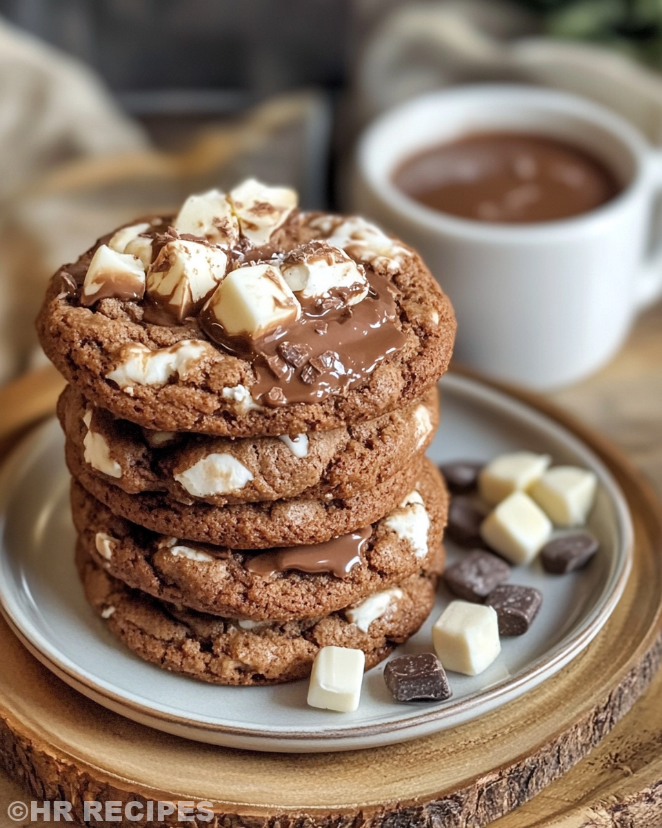 Finished peppermint cocoa hot chocolate cookies with melted marshmallow bites