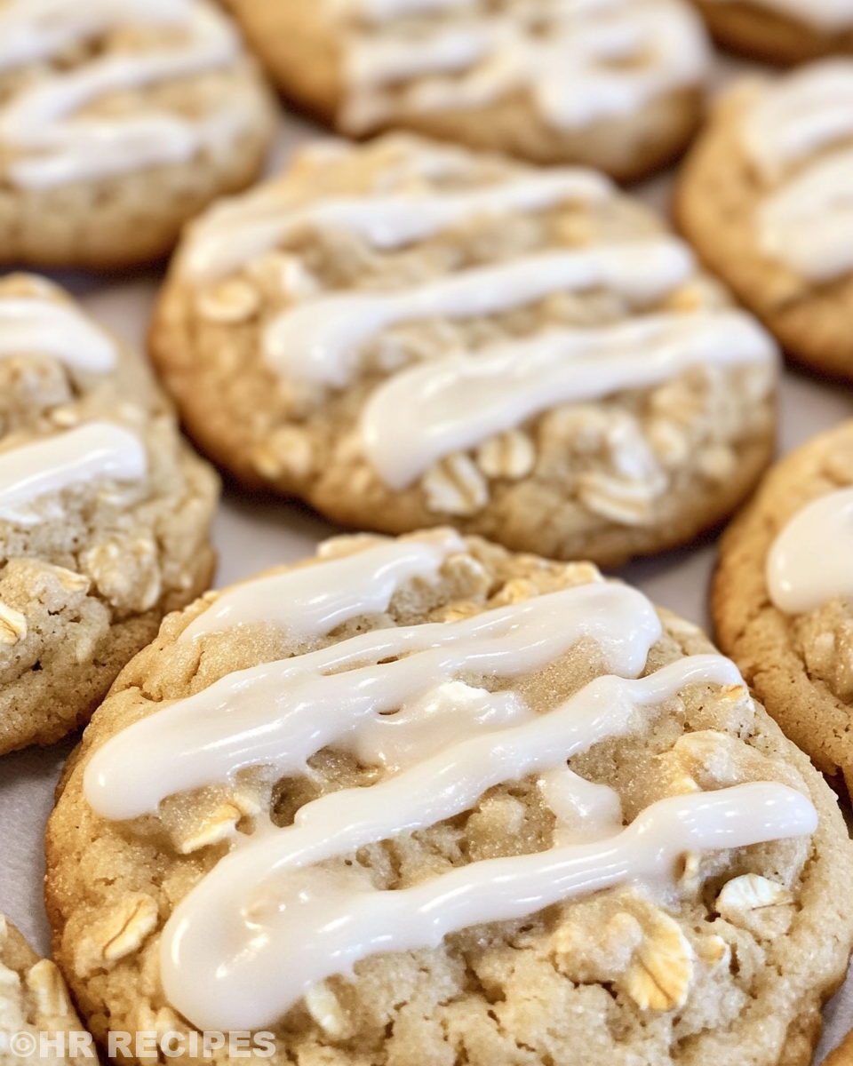 Plate of iced oatmeal cookies served with a cup of tea