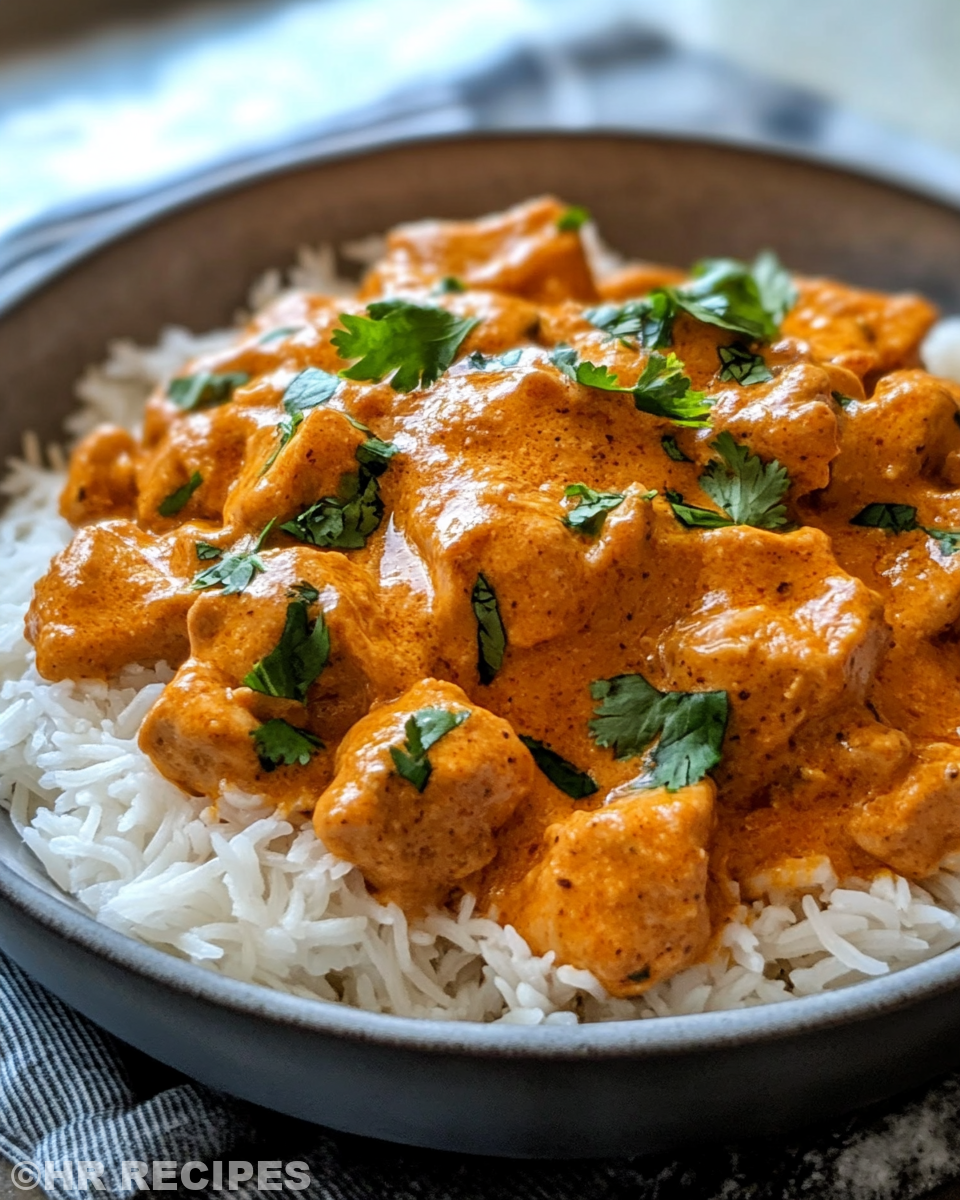 Spiced tomato sauce simmering for Indian butter chicken