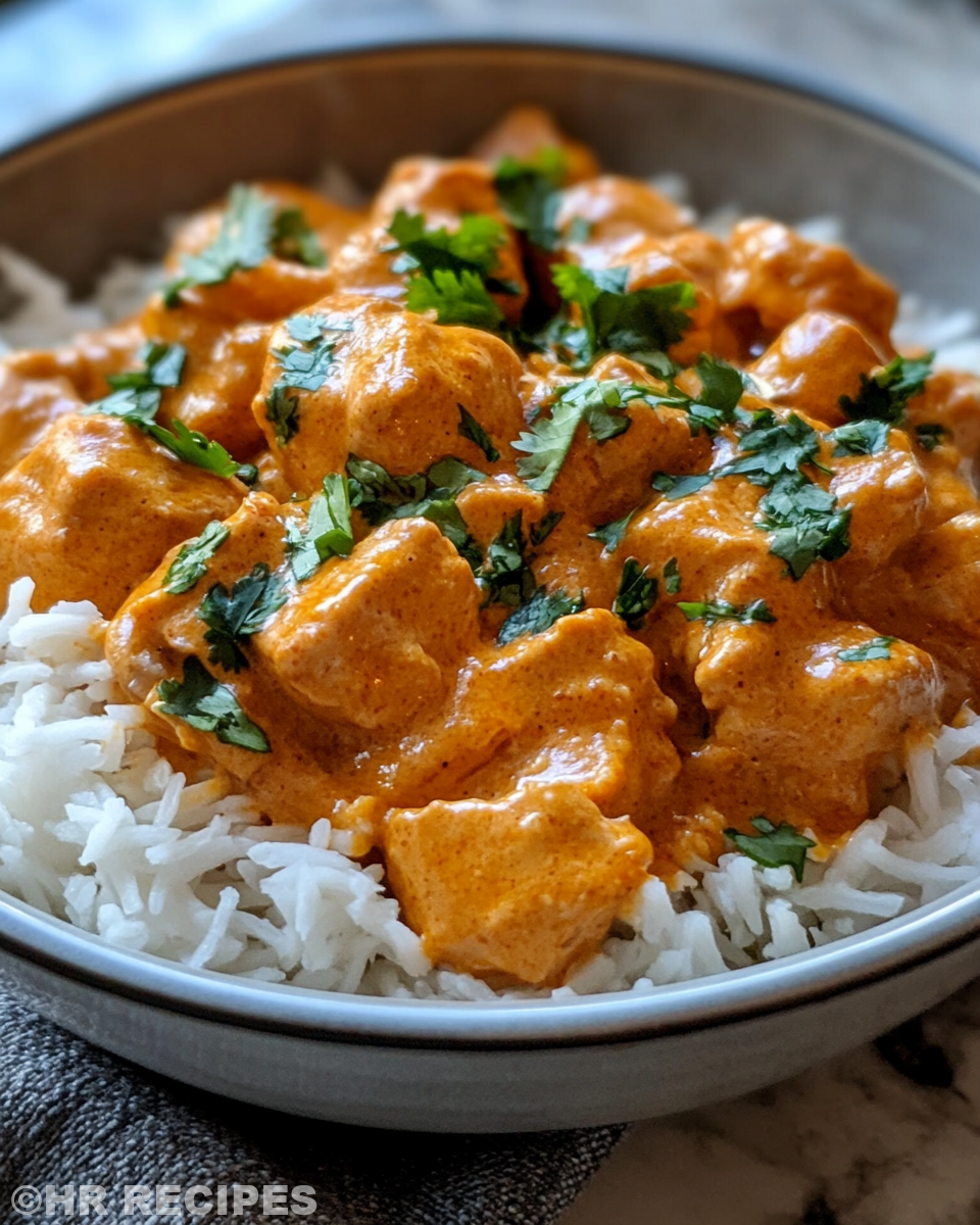 Finished Indian Butter Chicken served with naan and rice