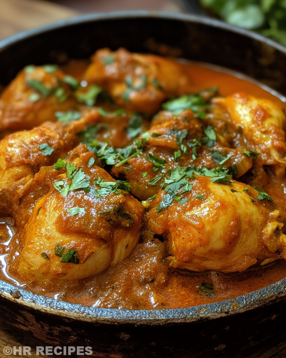 Final served Indian chicken curry with potatoes and peas on plate