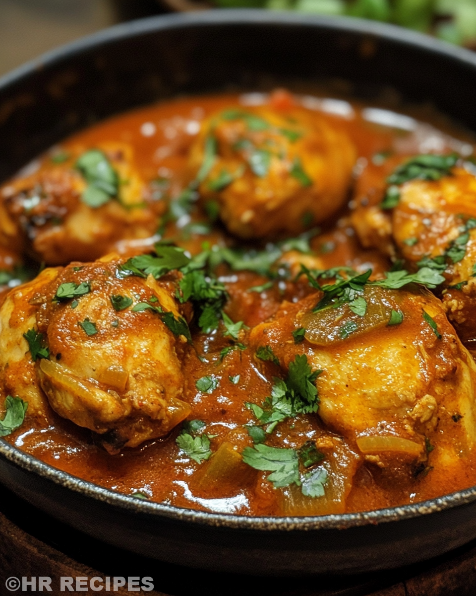 Pressure cooker with chicken curry cooking inside, heat and steam visible