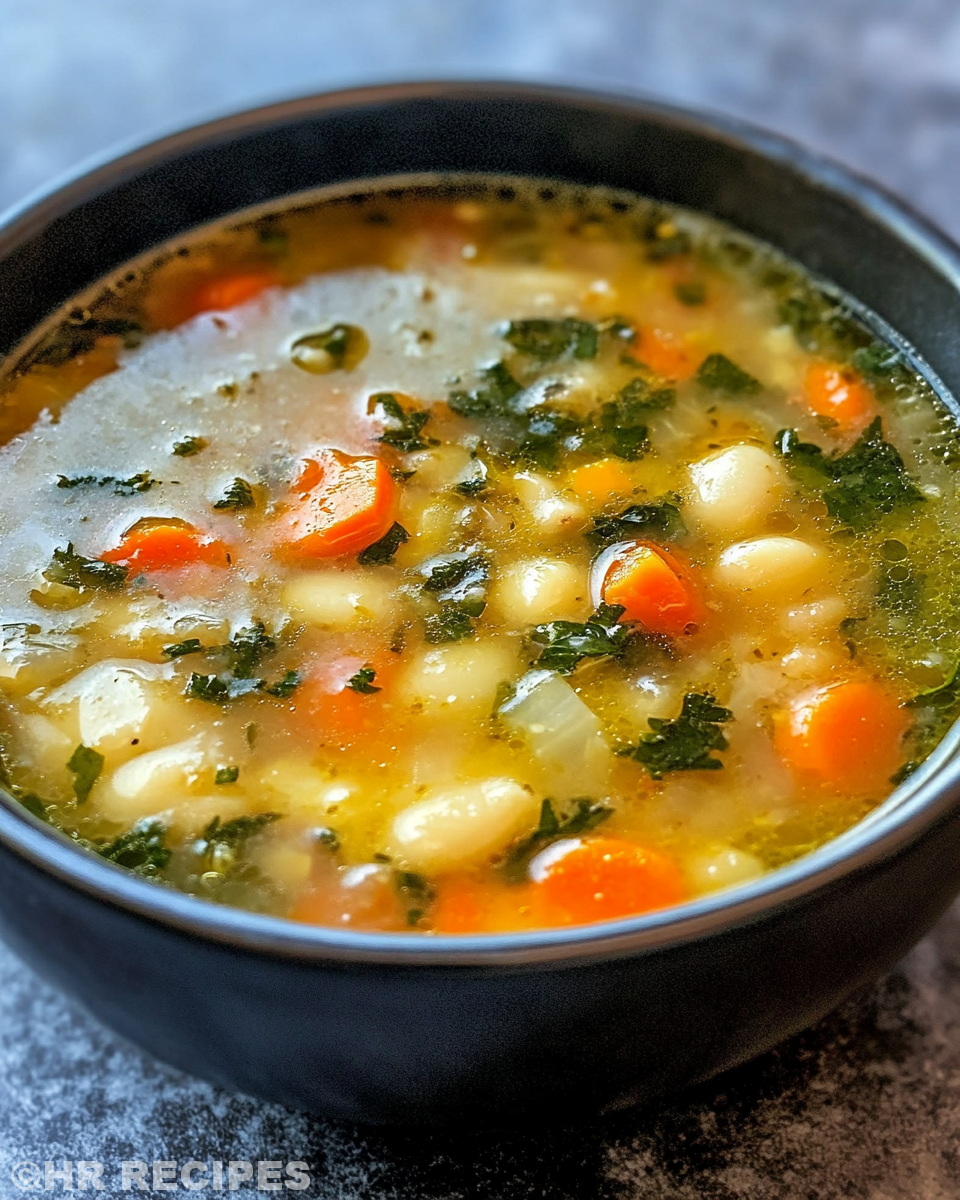 Bowl of finished Italian penicillin soup garnished with fresh rosemary and grated Parmesan