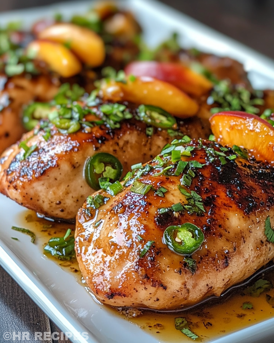 Ingredients for jalapeno peach chicken with sliced peaches and jalapeños