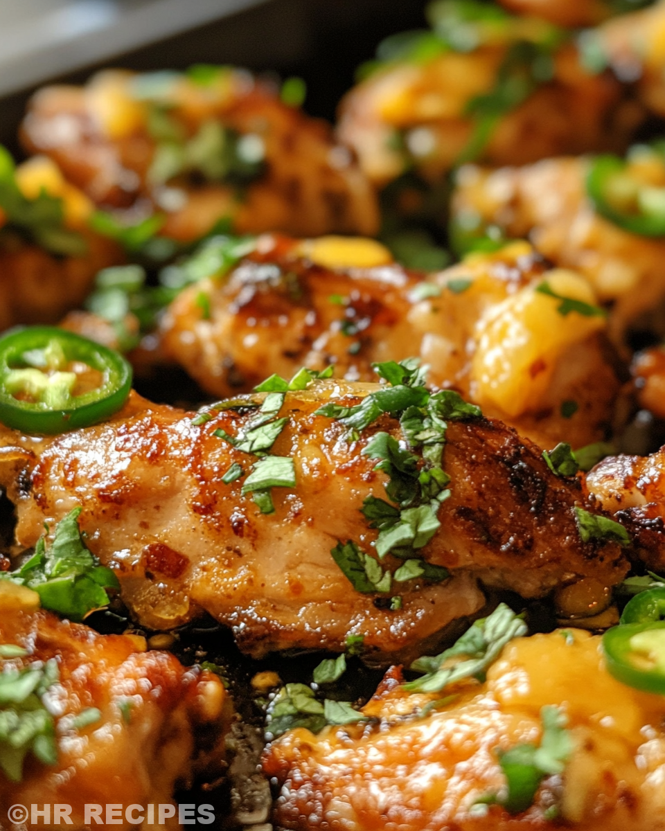 Ingredients including sliced peaches, jalapeños, and chicken thighs ready to go