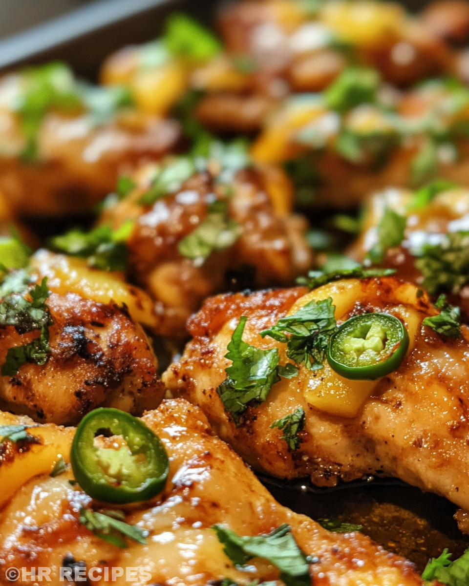 Served jalapeño peach chicken with caramelized top on plate